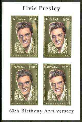 Guyana 1995 Elvis Presley 60th Birthday m/sheet in card containing four $300 values embossed in gold foil (with saw-tooth edges) from a numbered limited printing, stamps on , stamps on  stamps on music, stamps on personalities, stamps on elvis, stamps on entertainments, stamps on films, stamps on cinema