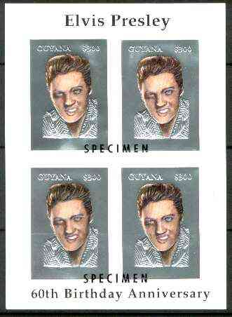 Guyana 1995 Elvis Presley 60th Birthday m/sheet in card containing four $300 values embossed in silver foil (with plain edges) overprinted SPECIMEN, stamps on , stamps on  stamps on music, stamps on personalities, stamps on elvis, stamps on entertainments, stamps on films, stamps on cinema