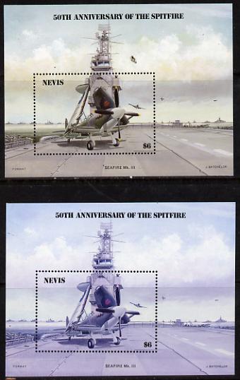 Nevis 1986 Spitfire (Seafire) on Aircraft Carrier $6 m/sheet with yellow omitted plus normal unmounted mint (SG MS 376) , stamps on , stamps on  stamps on aviation, stamps on  stamps on  ww2 , stamps on  stamps on  raf , stamps on  stamps on ships, stamps on  stamps on flat tops, stamps on  stamps on  raf , stamps on  stamps on 