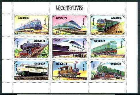 Mongolia 1997 Railway Locomotives sheetlet containing complete set of 9 values unmounted mint, stamps on , stamps on  stamps on railways    