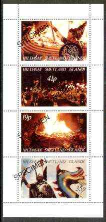 Shetland Islands 19?? The Vikings sheetlet containing 4 values overprinted SPECIMEN, scarce with very few produced for publicity purposes,unmounted mint, stamps on , stamps on  stamps on ships, stamps on  stamps on vikings, stamps on  stamps on fire