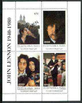 Touva 1996 John Lennon perf sheet containing 4 values overprinted SPECIMEN, scarce with very few produced for publicity purposes unmounted mint, stamps on , stamps on  stamps on entertainments, stamps on music, stamps on pops, stamps on personalities, stamps on  stamps on beatles