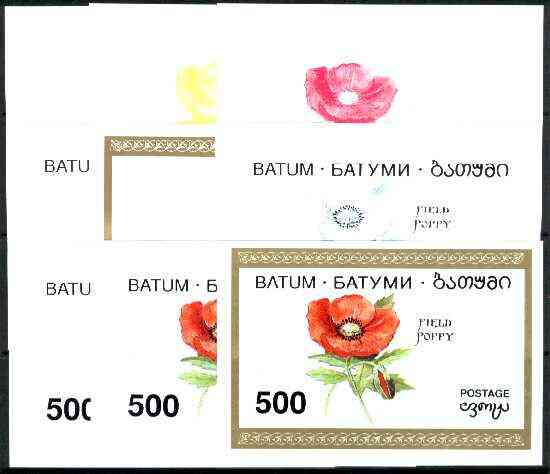 Batum 1994 Flowers (Poppy) imperf s/sheet, the set of 9 imperf progressive proofs comprising the 5 basic colours plus 2, 3, 4 and all 5-colour composites unmounted mint, stamps on , stamps on  stamps on flowers