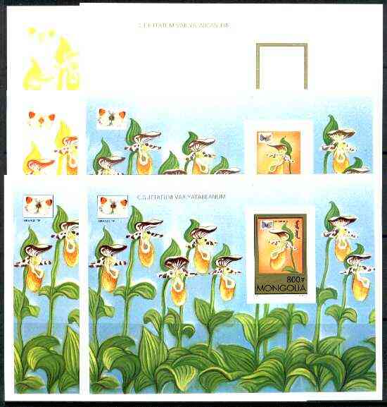 Mongolia 1997 Orchids and Butterflies miniature sheet #1 (C guttatum & Orange Tip) the set of 6 imperf progressive proofs comprising 2 individual colours plus 2, 3, 4 and all 5-colour composites, unmounted mint, stamps on , stamps on  stamps on flowers, stamps on  stamps on orchids, stamps on  stamps on butterflies