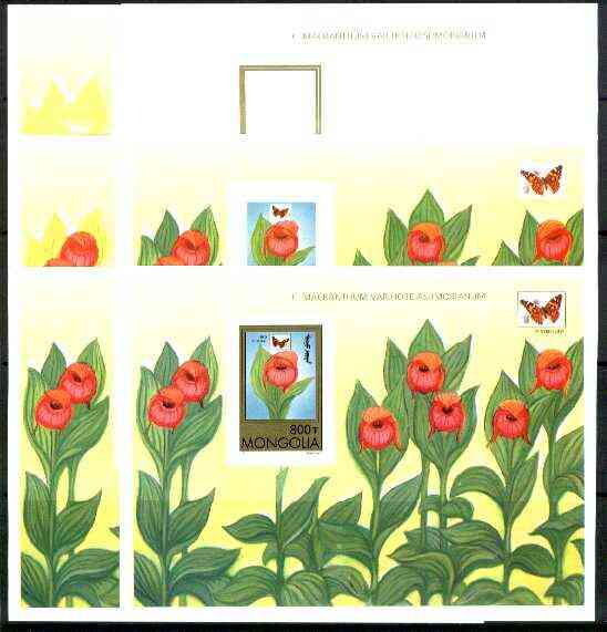 Mongolia 1997 Orchids and Butterflies miniature sheet #2 (C macranthum & Painted Lady) the set of 6 imperf progressive proofs comprising 2 individual colours plus 2, 3, 4 and all 5-colour composites, unmounted mint, stamps on , stamps on  stamps on flowers, stamps on  stamps on orchids, stamps on  stamps on butterflies