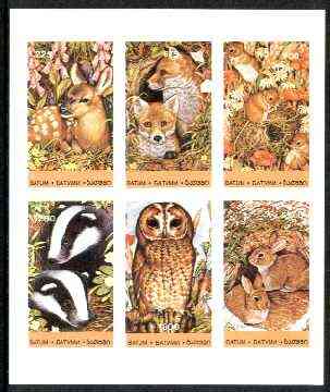 Batum 1996 Garden Animals imperf sheetlet containing complete set of 6 values unmounted mint, stamps on animals, stamps on deer, stamps on fox, stamps on badger, stamps on owls, stamps on birds of prey, stamps on rabbits, stamps on dogs, stamps on  fox , stamps on foxes, stamps on  