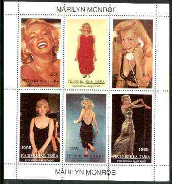 Touva 1996 Marilyn Monroe perf sheetlet containing complete set of 6 values unmounted mint. Note this item is privately produced and is offered purely on its thematic app..., stamps on personalities, stamps on marilyn monroe, stamps on entertainments, stamps on films, stamps on cinema