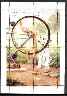 Abkhazia 19?? Dalmation with Bicycle composite perf sheet containing 4 values unmounted mint, stamps on dogs, stamps on dalmations, stamps on bicycles