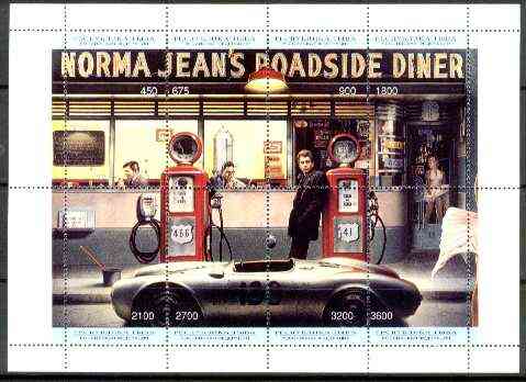 Touva 1995? Norma Jean's Roadside Diner perf composite sheetlet containing 8 values featuring Marilyn Monroe, James Dean, Bogart & Clark Gable (with oil pumps) unmounted mint, stamps on , stamps on  stamps on personalities, stamps on marilyn monroe, stamps on entertainments, stamps on films, stamps on cinema, stamps on  stamps on  oil , stamps on  stamps on energy, stamps on  stamps on masonics, stamps on  stamps on masonry