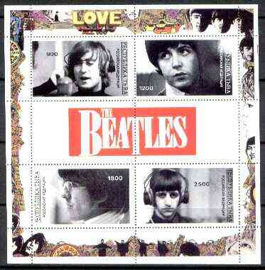 Touva 1996 The Beatles perf sheetlet containing 4 values & 2 labels unmounted mint, stamps on entertainments, stamps on music, stamps on pops, stamps on beatles