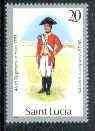 St Lucia 1984-89 Military Uniforms 20c (Officer, 46th Regiment) wmk'd Post Office with 1984 imprint date unmounted mint, SG 799 (gutter pairs & blocks pro rata), stamps on , stamps on  stamps on militaria, stamps on  stamps on uniforms