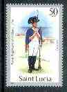 St Lucia 1984-89 Military Uniforms 50c (Gunner, Royal Artillery) wmk'd Post Office with 1984 imprint date unmounted mint, SG 804 (gutter pairs & blocks pro rata), stamps on militaria, stamps on uniforms