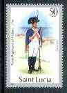 St Lucia 1984-89 Military Uniforms 50c (Gunner, Royal Artillery) wmkd Post Office with 1984 imprint date unmounted mint, SG 804 (gutter pairs & blocks pro rata), stamps on militaria, stamps on uniforms