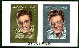 Guyana 1995 Elvis Presley 60th Birthday sheetlet in card containing two $300 values embossed in gold & silver foil (1 of each with plain edges) overprinted SPECIMEN, stamps on , stamps on  stamps on music, stamps on personalities, stamps on elvis, stamps on entertainments, stamps on films, stamps on cinema