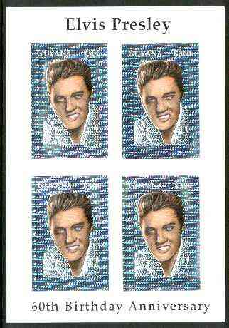 Guyana 1995 Elvis Presley 60th Birthday m/sheet in card containing four $300 values embossed in silver foil (with hologram background) from a numbered limited printing, stamps on music, stamps on personalities, stamps on elvis, stamps on entertainments, stamps on films, stamps on cinema, stamps on holograms