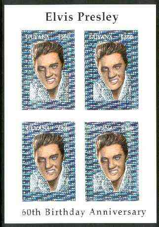 Guyana 1995 Elvis Presley 60th Birthday m/sheet in card containing four $300 values embossed in silver foil (with hologram background) from a numbered limited printing, stamps on , stamps on  stamps on music, stamps on personalities, stamps on elvis, stamps on entertainments, stamps on films, stamps on cinema, stamps on holograms