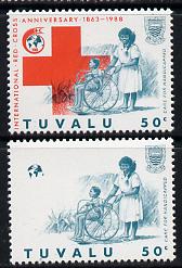 Tuvalu 1988 Red Cross 50c unmounted mint with red omitted (SG 520var) plus normal (spectacular), stamps on , stamps on  stamps on medical, stamps on  stamps on disabled, stamps on  stamps on red cross, stamps on  stamps on nurses, stamps on  stamps on wheelchair    