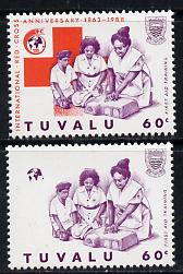 Tuvalu 1988 Red Cross 60c unmounted mint with red omitted (SG 521var) plus normal (spectacular), stamps on , stamps on  stamps on medical, stamps on  stamps on red cross, stamps on  stamps on nurses