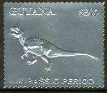 Guyana 1994 Jurassic Period #3 $300 perf and embossed in silver foil from a limited numbered edition unmounted mint, stamps on dinosaurs