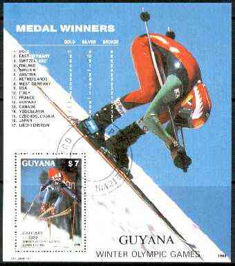 Guyana 1988 Calgary Winter Olympic Games $7 perf m/sheet (Skiing) fine cto used Sc #2022, stamps on , stamps on  stamps on sport, stamps on olympics, stamps on skiing