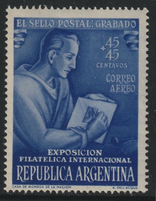 Argentine Republic 1951 Stamp Engraver 45c+45c from Philatelic Exhibition set, unmounted mint SG 821*, stamps on arts, stamps on stamp exhibitions, stamps on stamp on stamp, stamps on engravings