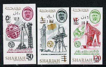 Sharjah 1966 surch with new values set of 3 imperf (Mi 246-48B) unmounted mint, stamps on , stamps on  stamps on communications