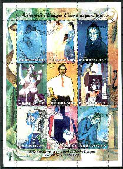 Guinea - Conakry 1998 Paintings by Picasso perf sheetlet #1 containing complete set of 9 values fine cto used, stamps on arts, stamps on picasso, stamps on nudes