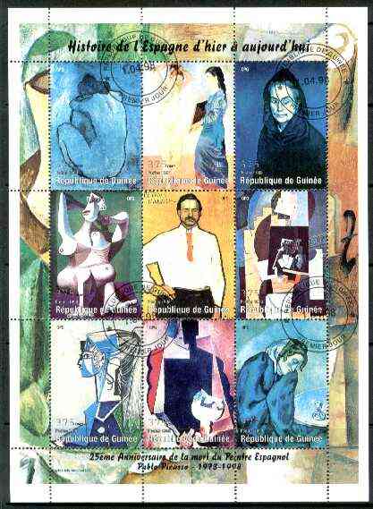 Guinea - Conakry 1998 Paintings by Picasso perf sheetlet #1 containing complete set of 9 values fine cto used, stamps on , stamps on  stamps on arts, stamps on picasso, stamps on nudes