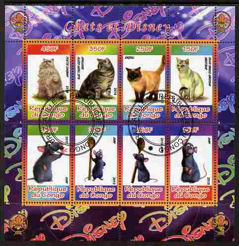 Congo 2010 Disney & Cats #2 perf sheetlet containing 8 values with Scout Logo fine cto used, stamps on disney, stamps on films, stamps on cinema, stamps on movies, stamps on cartoons, stamps on scouts, stamps on cats, stamps on bicycles