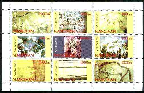 Naxcivan Republic 1999 Prehistoric drawings sheetlet containing complete set of 9 values unmounted mint, stamps on , stamps on  stamps on dinosaurs, stamps on hunting, stamps on arts