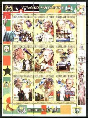 Niger Republic 1999 Pope Paul perf sheetlet containing complete set of 9 values (Papal Visits to Africa) unmounted mint, stamps on pope, stamps on flags, stamps on satellites