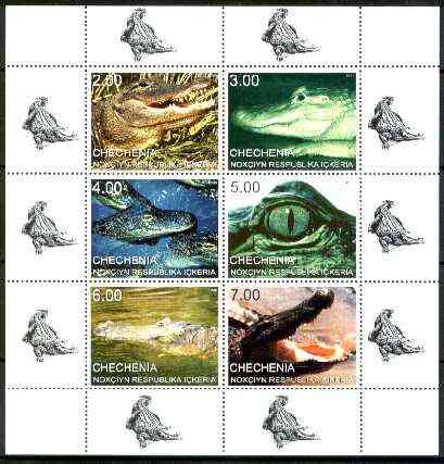 Chechenia 1999 Crocodiles perf sheetlet containing complete set of 6 values unmounted mint, stamps on , stamps on  stamps on animals, stamps on reptiles, stamps on crocodiles