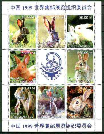 Turkmenistan 1999 Rabbits sheetlet containing complete set of 8 values plus label for China 99 Stamp Exhibition) unmounted mint, stamps on , stamps on  stamps on animals, stamps on  stamps on rabbits, stamps on  stamps on stamp exhibitions