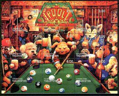 Tadjikistan 1999 Dogs Playing Pool composite perf sheetlet containing complete set of 9 values unmounted mint, stamps on dogs, stamps on snooker, stamps on sport