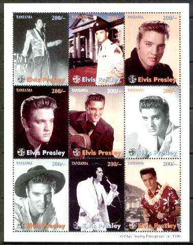 Tanzania 1996 Elvis Presley perf sheetlet containing 9 values unmounted mint, stamps on , stamps on  stamps on films, stamps on entertainments, stamps on elvis, stamps on music, stamps on  stamps on guitar     