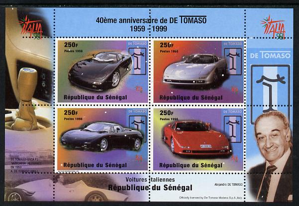 Senegal 1998 40th Anniversary of Tomaso Cars perf sheetlet containing 4 values unmounted mint, stamps on , stamps on  stamps on cars, stamps on  stamps on de tomaso