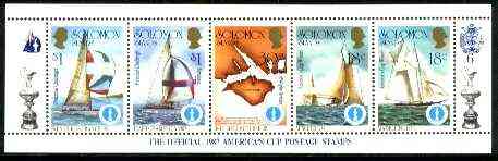 Solomon Islands 1986 Americas Cup Yachting Championship, m/sheet #06 (of 10) comprising 5 values, unlisted by SG (the set of 10 m/sheets represent the complete set of 50 ..., stamps on ships, stamps on yachts, stamps on sailing, stamps on sport, stamps on maps