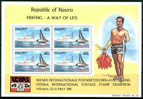 Nauru 1981 Fishing m/sheet with WIPA (Stamp Exhibition) imprint unmounted mint, SG MS 242, stamps on , stamps on  stamps on fishing, stamps on stamp exhibitions, stamps on ships