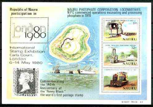 Nauru 1980 Phosphate Corporation (Railway Locos) m/sheet (with London 1980 imprint) unmounted mint, SG MS 227, stamps on minerals, stamps on railways, stamps on  stamp exhibitions, stamps on ships, stamps on maps, stamps on mining, stamps on 