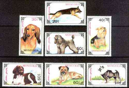 Mongolia 1991 Dogs set of 7 unmounted mint, SG 2269-75*, stamps on , stamps on  stamps on dogs, stamps on  stamps on  gsd , stamps on  stamps on dachshund, stamps on yorksire terrier, stamps on poodle, stamps on springer, stamps on norfolk, stamps on keeshund