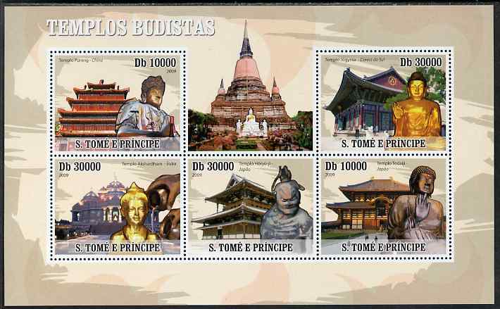 St Thomas & Prince Islands 2009 Buddhist Temples perf sheetlet containing 5 values unmounted mint, stamps on , stamps on  stamps on religion, stamps on  stamps on buddhism, stamps on  stamps on churches, stamps on  stamps on temples