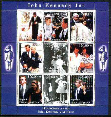 Turkmenistan 1999 John Kennedy Jnr #1 perf sheetlet containing 9 values unmounted mint, stamps on personalities, stamps on kennedy, stamps on usa presidents, stamps on americana