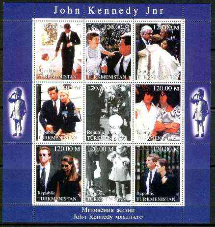 Turkmenistan 1999 John Kennedy Jnr #1 perf sheetlet containing 9 values unmounted mint, stamps on , stamps on  stamps on personalities, stamps on  stamps on kennedy, stamps on  stamps on usa presidents, stamps on  stamps on americana