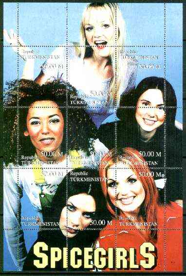 Turkmenistan 1999 Spice Girls composite perf sheetlet containing complete set of 9 values unmounted mint, stamps on , stamps on  stamps on music, stamps on spice, stamps on pops