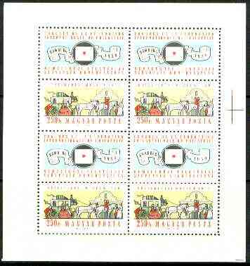 Hungary 1959 Int Philatelic Federation Congress m/sheet (containing Stagecoach & label each x 4) unmounted mint SG 1572, Mi 1583, stamps on stamp exhibitions, stamps on postal, stamps on mail coaches