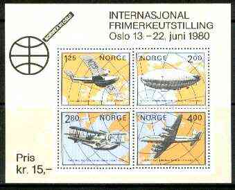 Norway 1979 'Norwex 80' Int Stamp Exhibition (Arctic Aviation) m/sheet unmounted mint, SG MS 847, stamps on , stamps on  stamps on stamp exhibitions, stamps on aviation, stamps on douglas, stamps on flying boats, stamps on airships