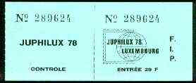 Luxembourg 1978 Juphilux 78 Junior Int Stamp Exhibition 29f admission ticket complete with counterfoil, stamps on stamp exhibitions