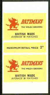 Match Box Labels - Batemans Welsh Grocers (Welsh Dragon) 'All Round the Box' matchbox label in superb unused condition, stamps on , stamps on  stamps on mythology, stamps on dragons