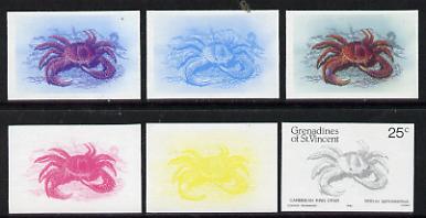 St Vincent - Grenadines 1985 Shell Fish 25c (King Crab as SG 360) set of 6 imperf progressive colour proofs comprising the four individual colours plus 2 & 3-colour composites unmounted mintNote: Due to a very fortunate purchase, I am able to sell this set at less than A310 - other sellers on eBay are offering similar progressive proofs at between A375 and A3125 per set., stamps on , stamps on  stamps on crabs   marine-life