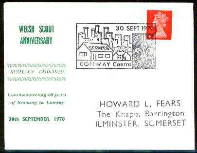 Great Britain 1970 Commemorative cover for Welsh Scout Anniversary (60 yrs of Scouting in Conway) with special illustrated cancel, stamps on , stamps on  stamps on scouts